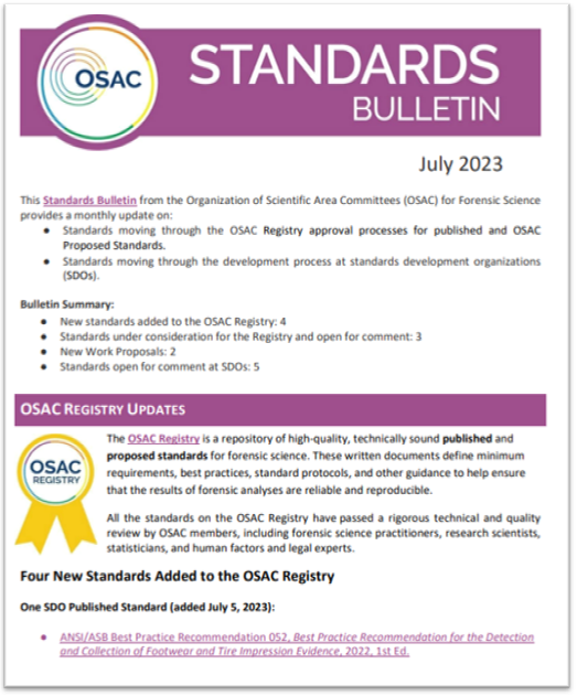 OSAC Standards Bulletin July 2023 NIST